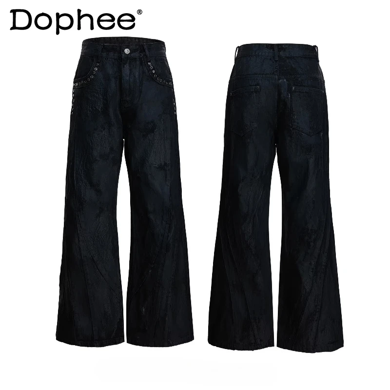 

Men's 2026 Spring New Fashion Micro-flare Jeans Male Trendy Pocket Decoration Comfort Long Pants Handsome Solid Color Trousers