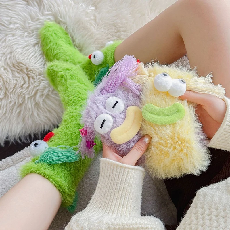 

Funny Coral Velvet Floor Socks Women Winter Kawaii Cartoon Fluffy Warm Sleep Socks Cute Plush Cute Monster Home Middle Tube Sock