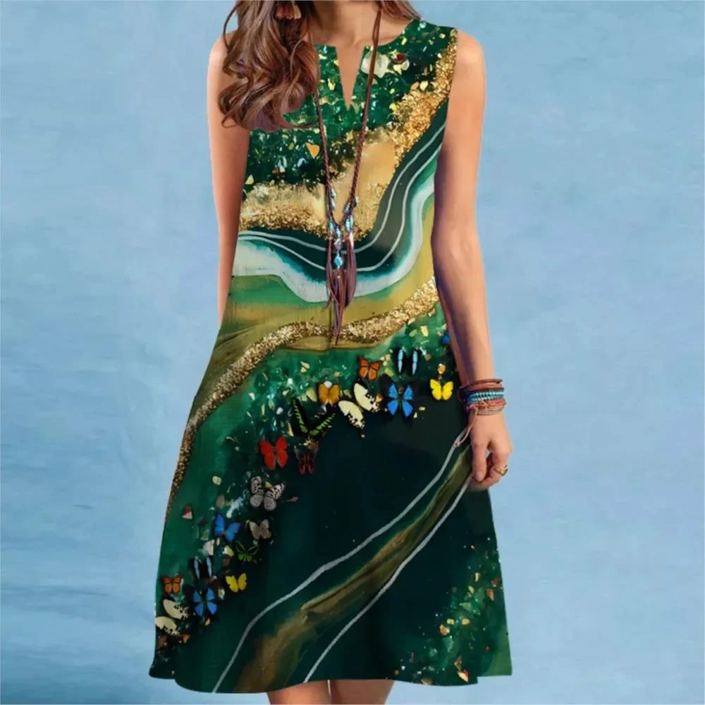 Retro Floral Print Mini Dress 2025 Women V-neck Sleeveless Sexy Gradient Striped Printed A-Line Dress Bohemia Beach Sundress New