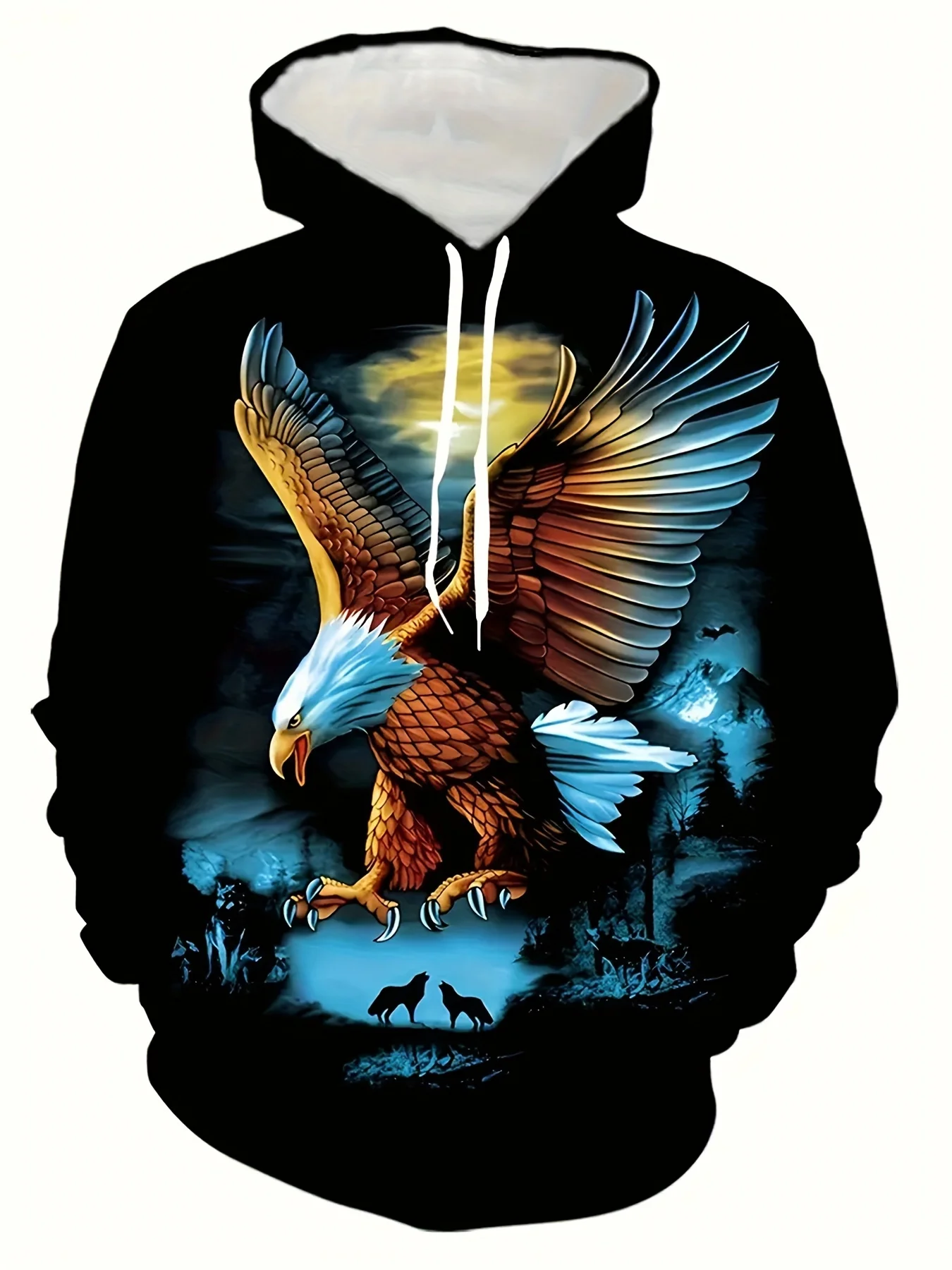 Men Bald Eagle Wolf Forest Mountain Night Landscape All Over Print Hoodie Wild Animal Graphic Drawstring Pocket Sweatshirt