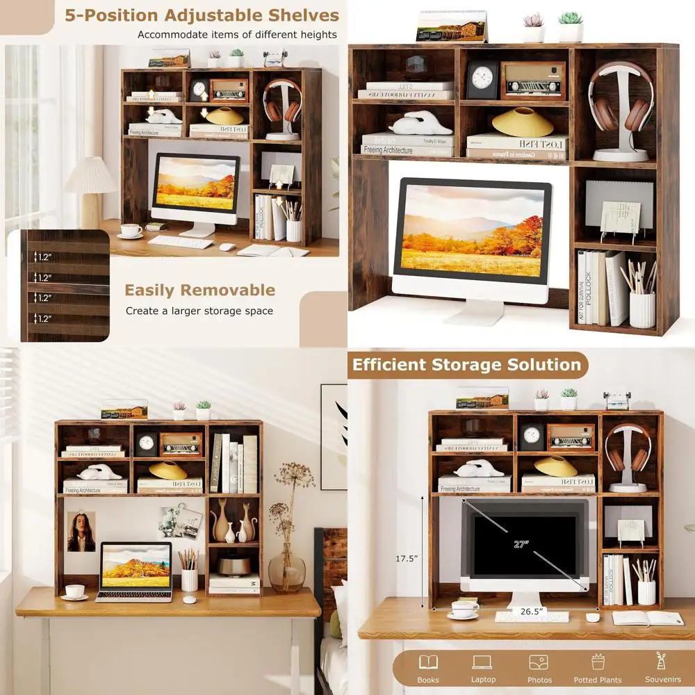 

37 Multipurpose Wood Desktop Storage Hutch with 7 Cubes and 3 Adjustable Shelves, Rustic Brown