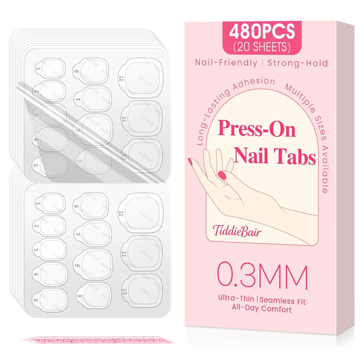480pcs Strong Hold Nail Adhesive Tabs for Press On Nails - 20 Sheets 12 Sizes, 0.3mm Ultra Thin Waterproof Breathable Nail Glue Stickers, Daily Wear Gentle Removal