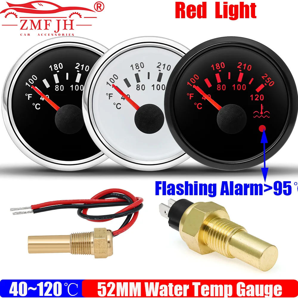 

ZMFJH RED 52-мм датчик температуры воды с подсветкой, диапазон 40~120°C ℃ 100~250 ℉ Индикатор температуры воды с сигнализацией для автомобиля