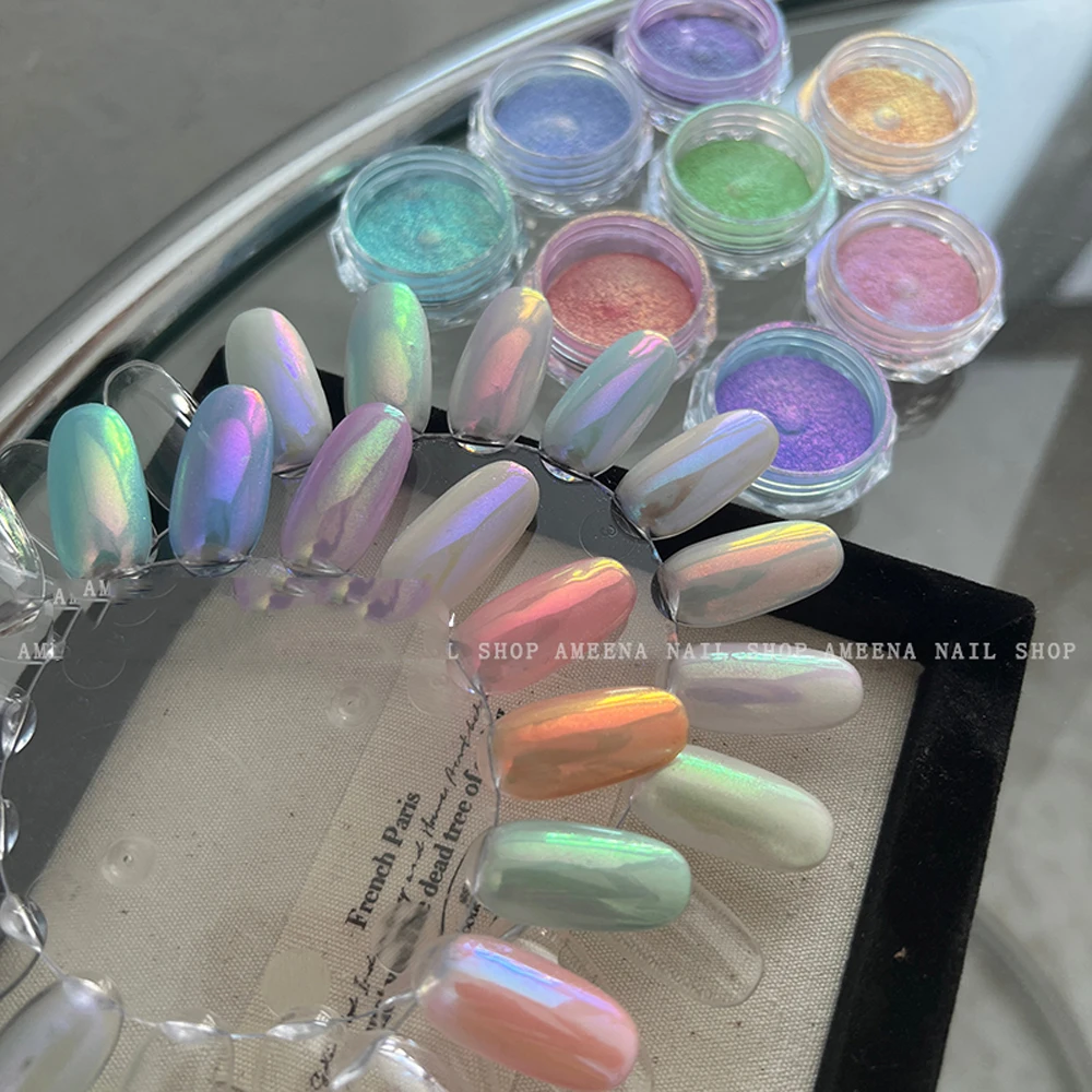 6 Dosen Meerjungfrauen-Spiegel-Effekt Chrom-Nagelpuder Macaron Aurora Nagelglitzer Pigment Schimmer UV-Gel-Lack Maniküre-Dekoration – Detail 8