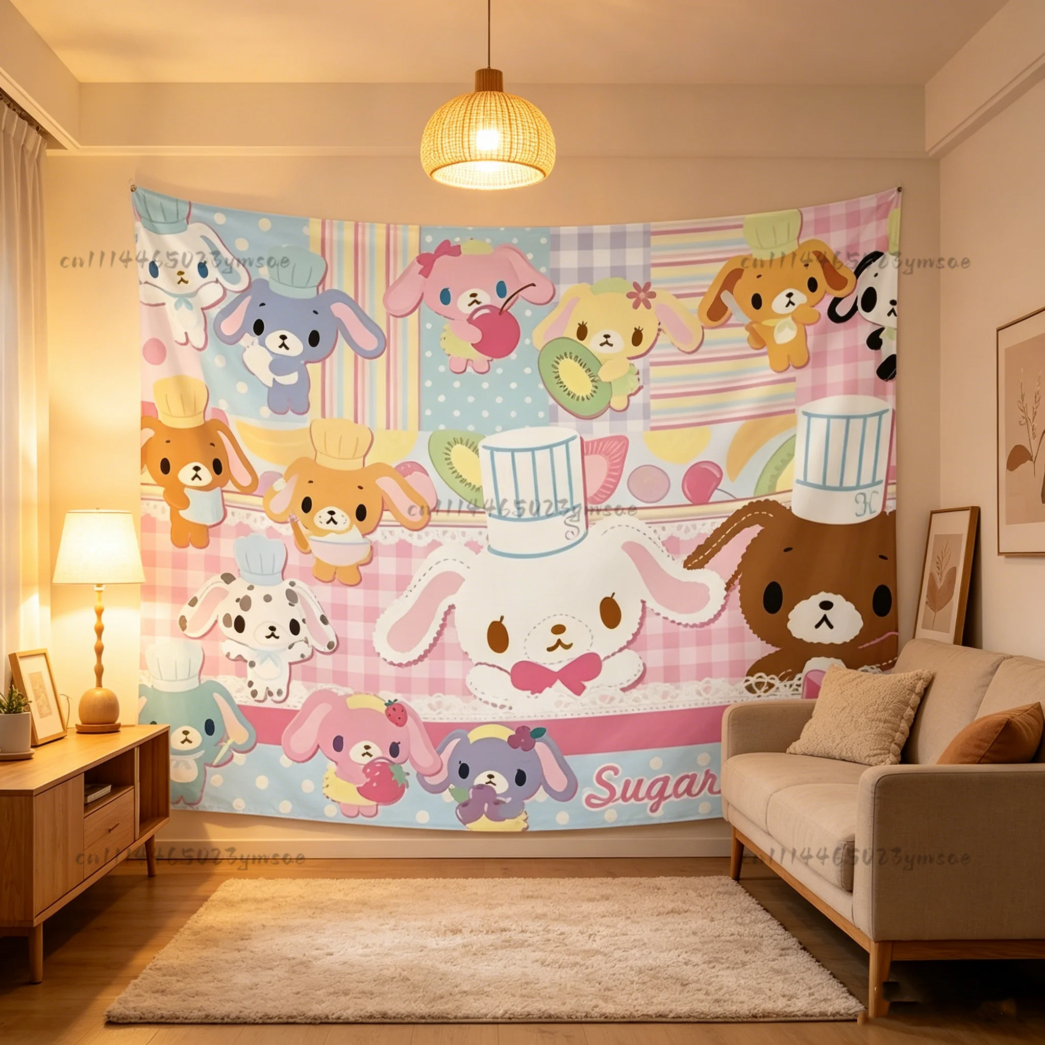 Niedlicher rosa Koch-Tier-Cartoon-Wandteppich, Kawaii-Wandbehang, Hintergrundtuch für Mädchenzimmer, Schlafsaal, Cartoon-Flagge, Dekoration – Detail 4