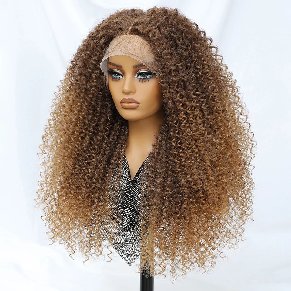 T Part Jerry Curls Синтетические кружевные парики 24-дюймовые странные вьющиеся парики для афро-женщин Ombre Brown 613 Черный предварительно выщипанный парик фронта шнурка