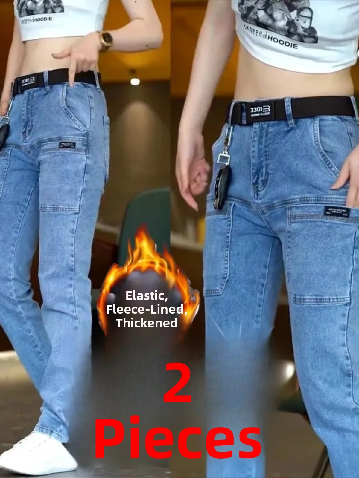 

Утепленные эластичные джинсовые брюки Thiened Fce, осенне-зимние, новые, повседневные, с высокой талией, на молнии, длинные, с шестью карманами, рабочая одежда