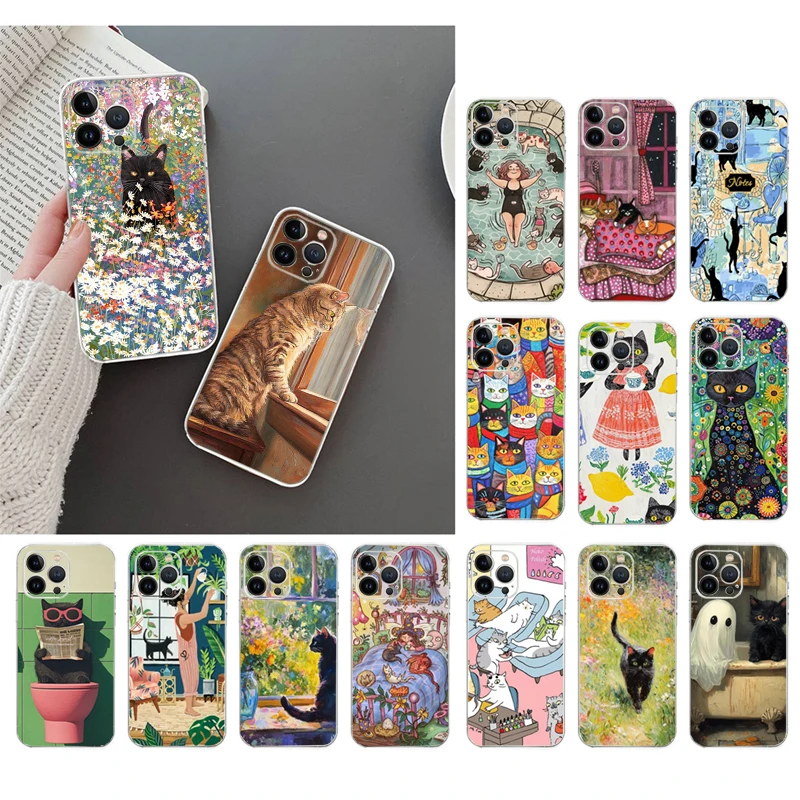 

Phone Case For iphone 17 Pro Air 17ProMax 16 15 14 13 Pro Max 16 15 14 13 Pro 15Plus Black Cat Flower Art