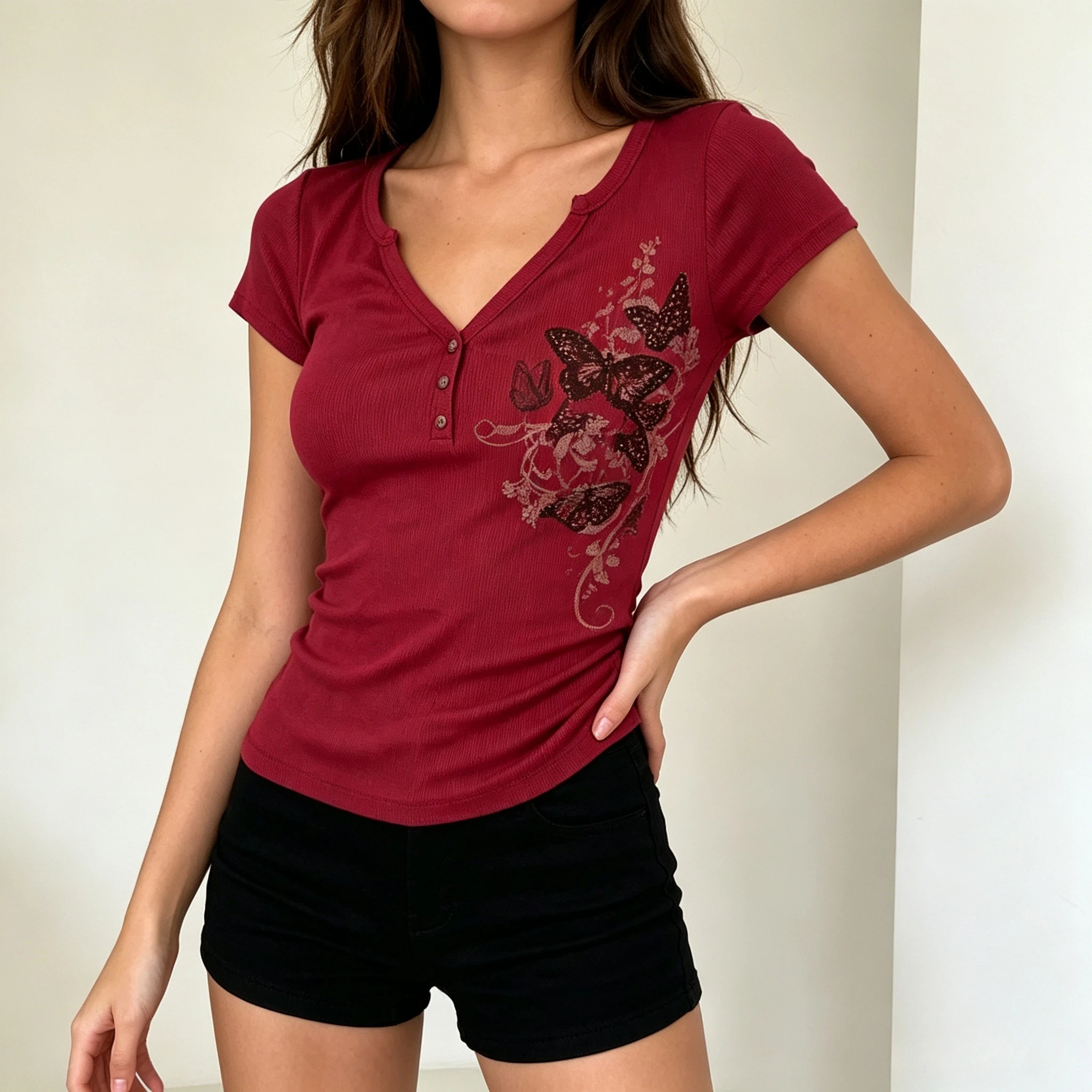 Romantic Butterfly Floral Print Ribbed Knit Tee Split V-Neck Button Detail Slim Fit Short Sleeve Vintage Casual Daily Wear Shirt
