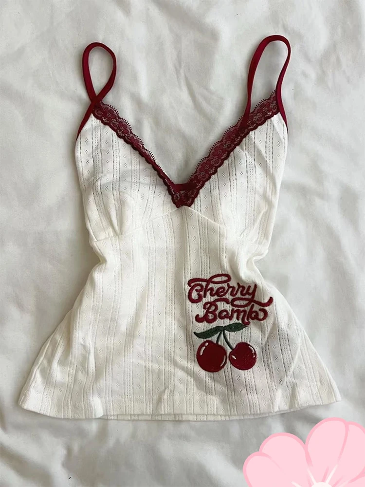 Woman Clothing Embroidery Cherry Summer Design Spice Girls Vest Lace Short Printed Top tanks & camis y2k clothes ropa de mujer