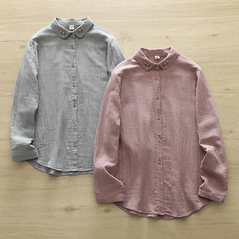 100% Cotton Yarn Long-sleeved Shirt Fall Clothes 2024 Women Vintage Embroider Shirts and Blouses Skin-friendly Women Tops