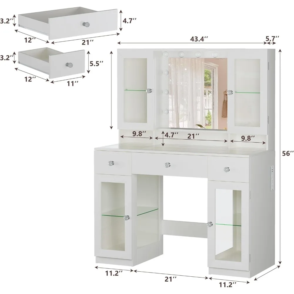 Vanity Desk with Mirror and RGB Lights, 43 Large Makeup Vanity with Glass Top, 4 Large Glass Cabinets, Power Outlet & 3 Drawers, image 6