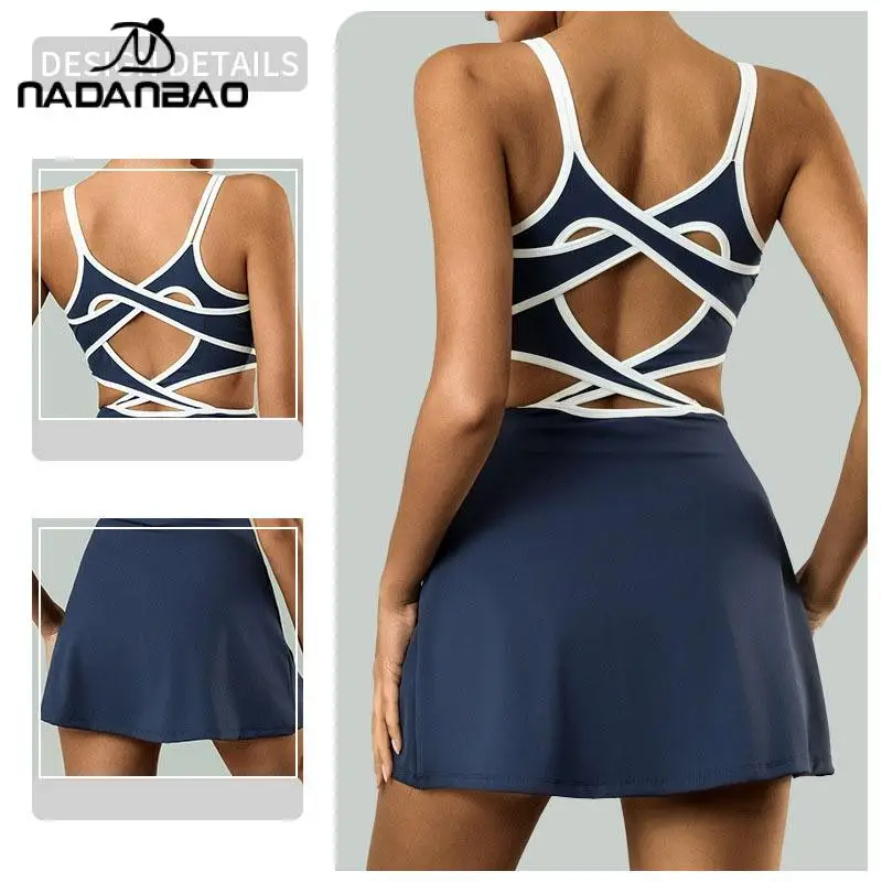 Nadanbao Outdoor Sports Women's Tennis Dress Fashion Casual Fitness Yoga Dress Female Backless Intersect Hollow Out Gym Clothes