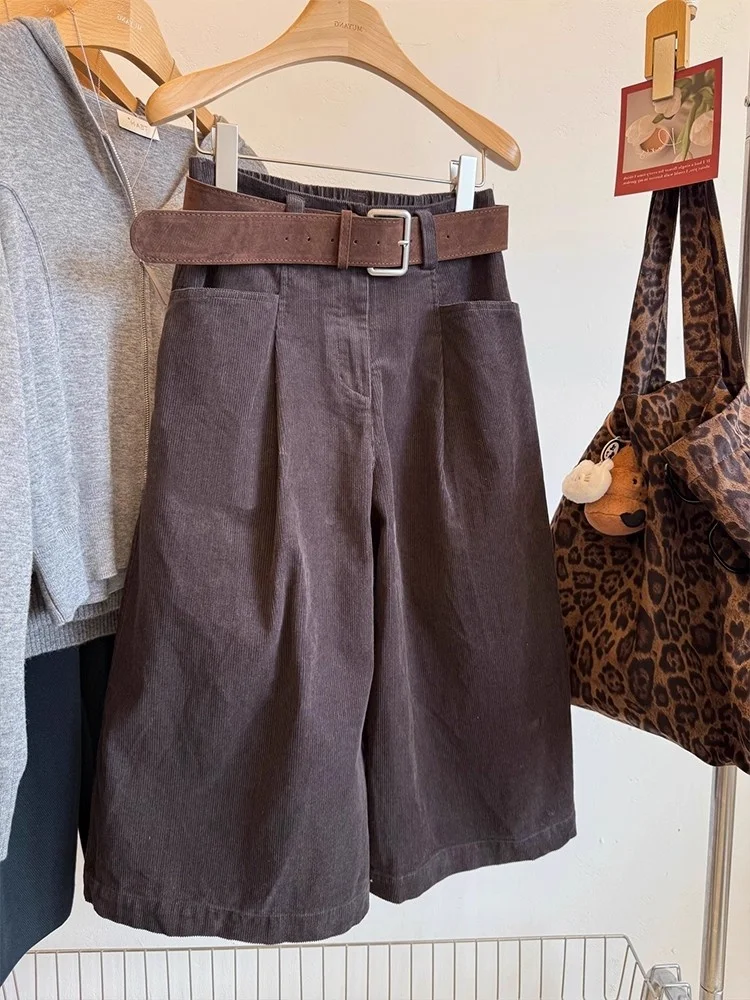 

Ретро-брюки из вельвета с высокой талией и широкими штанинами для женщин, повседневные прямые брюки, осенне-зимние, с эффектом похудения, удобная посадка