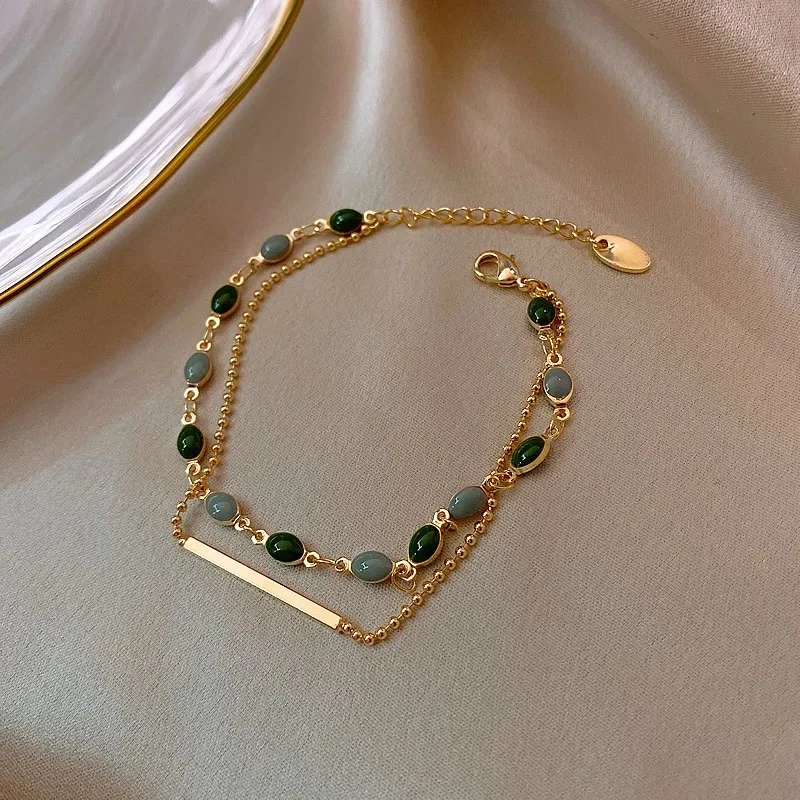Gold Plating Double-layer Chains Bracelets Oval Geometric Green Dripping Oil Bracelet Retro Hand Jewelry Gifts for Women K
