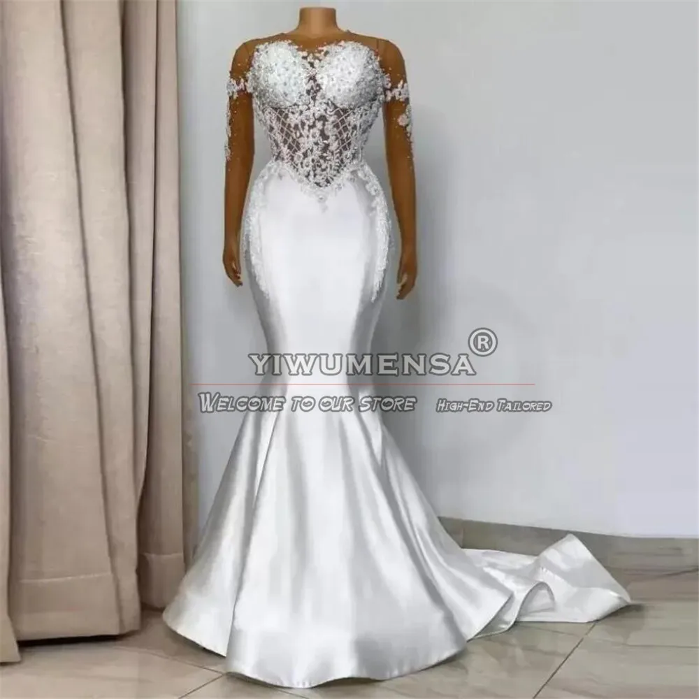 Exquisite White Satin Mermaid Wedding Dresses Bespoke Crystals Beaded Black Grils Dress Marriage Women Evening Party Gowns 2024