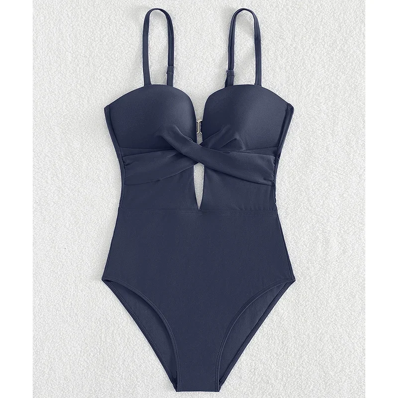 

Simple Solid One Piece Swimsuit Women Cross Hollow Out Backless Skinny Swimwear 2025 New Holiday Swimming Beach Bathing Suit