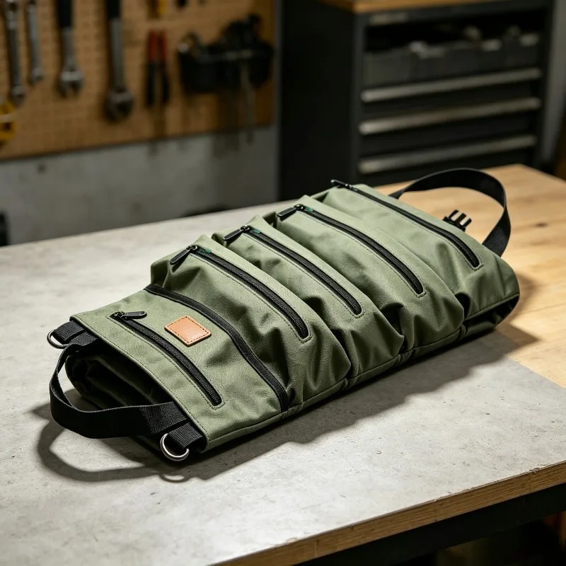 Multi Purpose Canvas Roll Tool Bag Wrench Roll Tool Organizer Heavy Duty Multiple Zipper Pockets For Workshop Hand Tools Storage