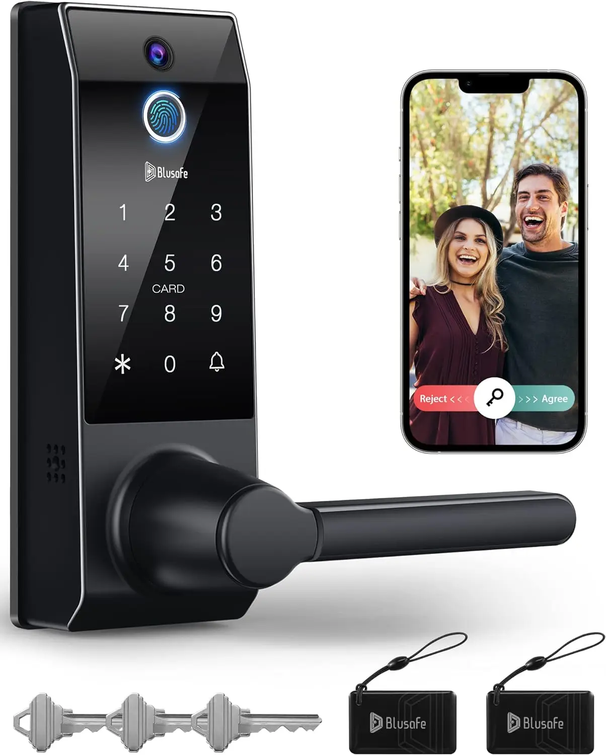 

Keyless Smart Lock, 3-in-1 Camera+Doorbell+Fingerprint , WiFi with Handle, App Control, Anti-Peeping, Auto Lock