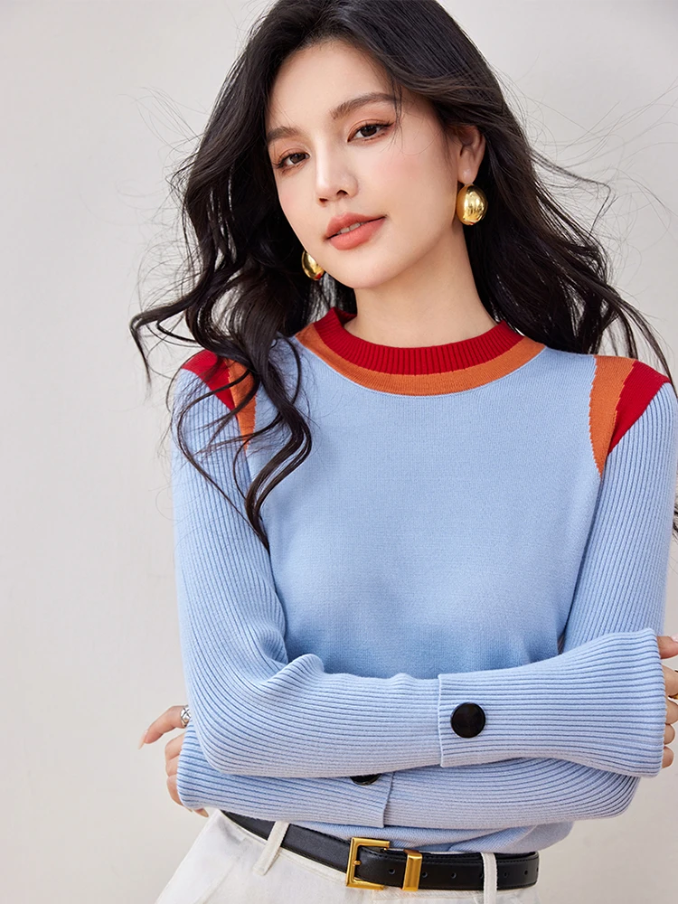 French Style Retro Blue Sweater Women Autumn New Fashion Design Sense Niche O-Neck Long Sleeve Knitted Tops Chic Slim Fit Tops