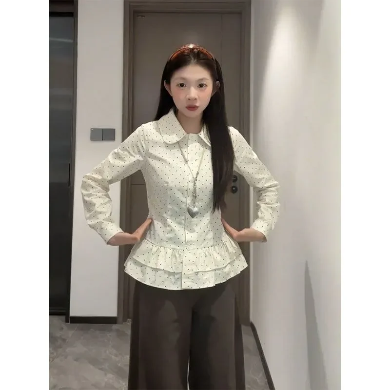 French Gentle Polka Dot Long-sleeved Shirt for Women in Fall Baby Doll Collar Ruffled Top Versatile Top