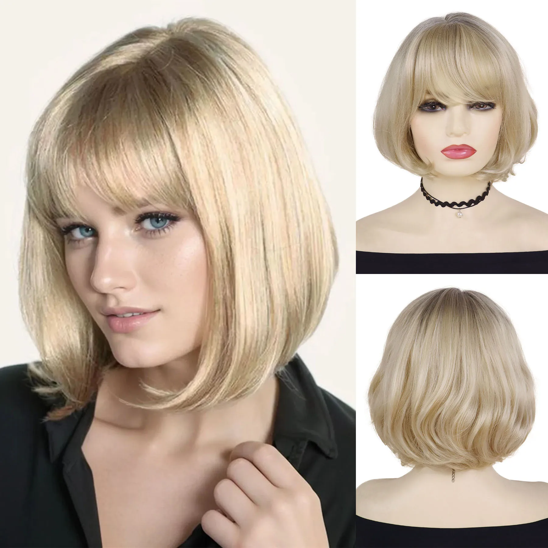 

Парик Bob Cut из натуральных синтетических волос для женщин, светлые парики Old Lady Ombre с челкой, повседневный костюм, короткий парик для мамы, термостойкий