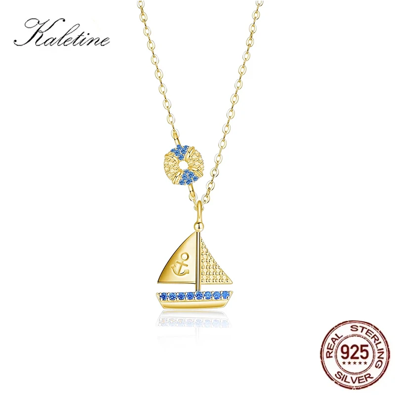 KALETINE Sailing Boat Necklace Women Main Blue Stone Anchor Custom 925 Sterling Silver Necklace Pendants Choker Mens Jewelry
