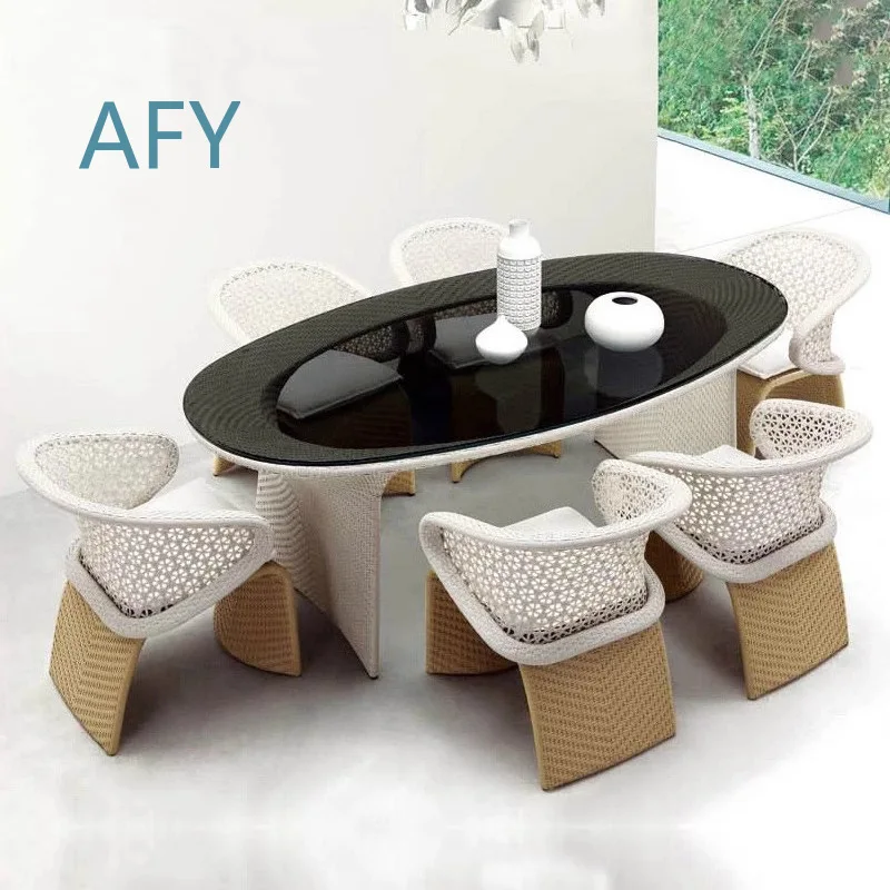 Outdoor Rattan Chair and Coffee Table Set for Patio Balcony Garden Villa Outdoor Rainproof Dining Table Chair Set 3 Piece
