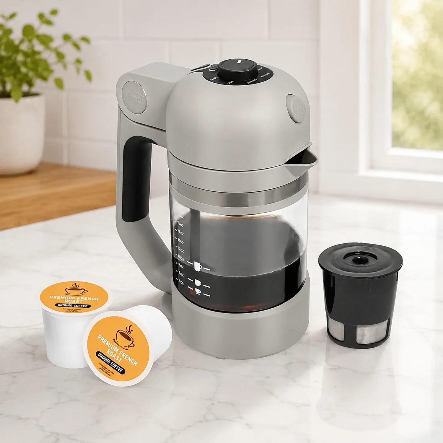 USA Stock Micro Café Brewer Compact Coffee Maker For K-Cups & Grounds (Gray), Smallest Single Serve Brewer, 4-20 Oz Brews, Bold