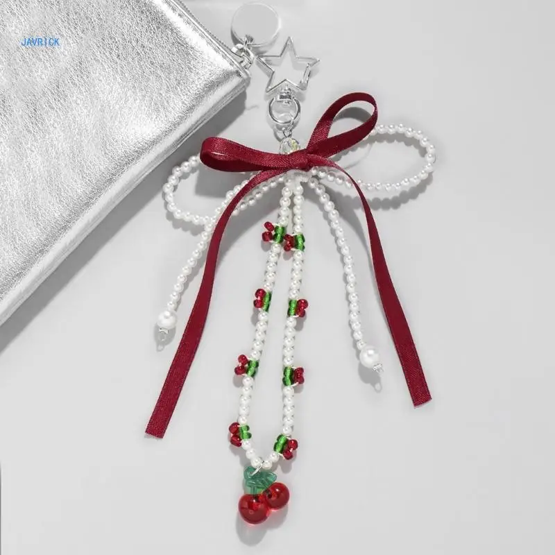 Handmade Pearls Like Cherry Keychain Pendant Featuring Adorable Bowknot Designs