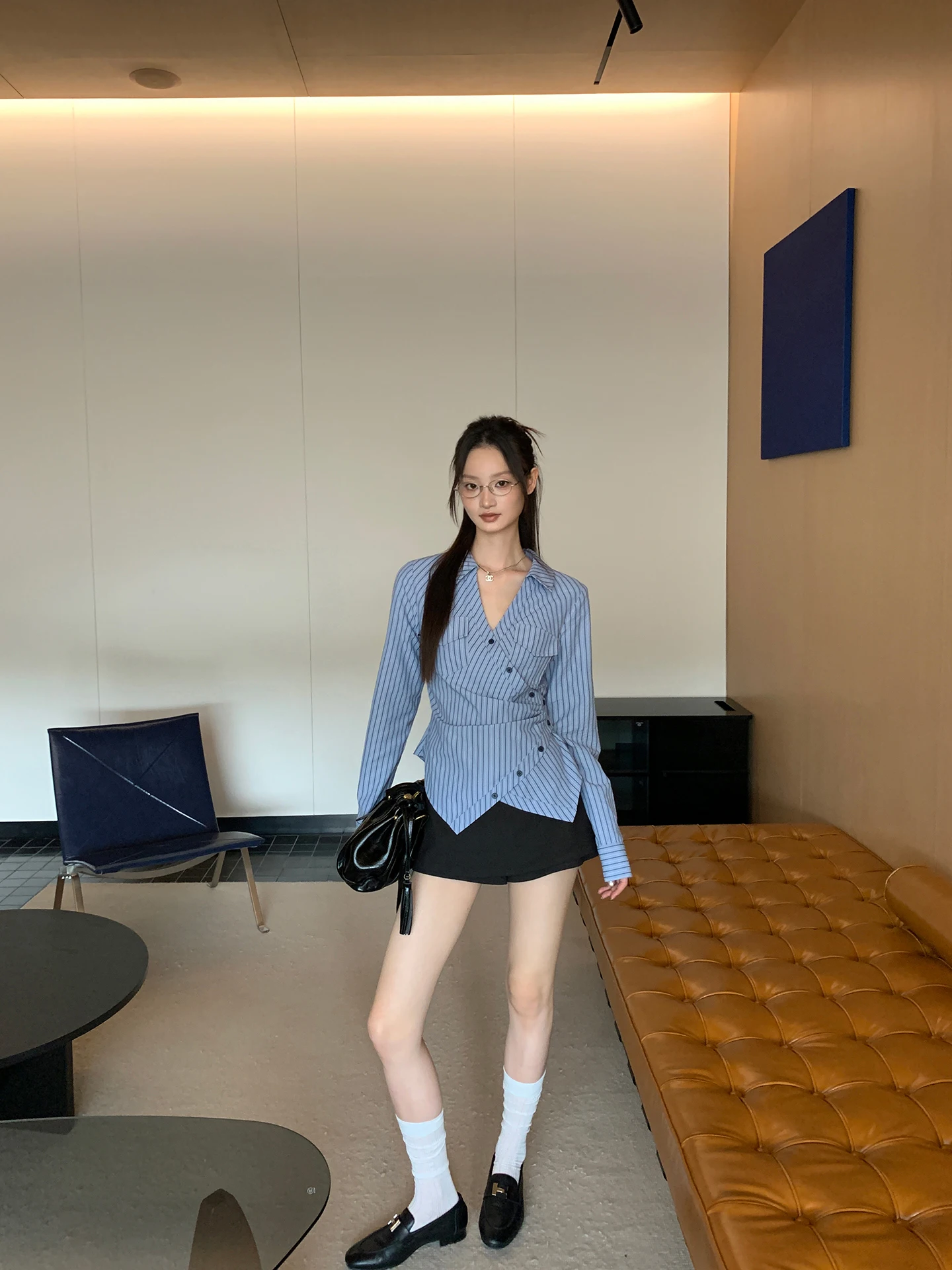 

Blue Striped Chic irt Women's Autumn High-End Slim Fit Cotton Polyester Blend Long Sve Collar Straight Cut Top