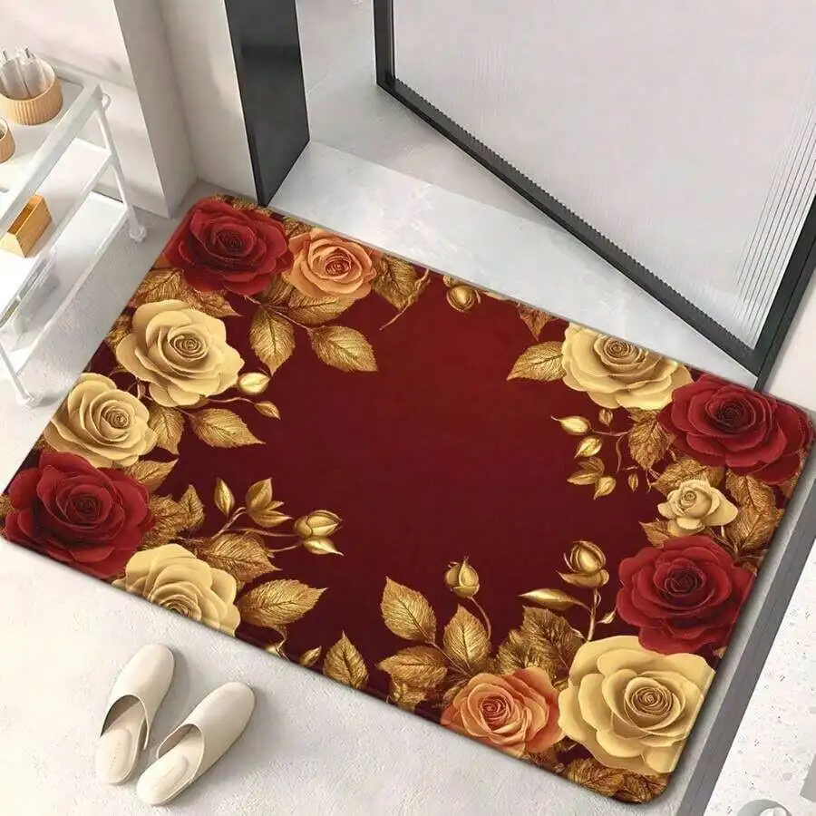 

Luxury Burgundy Golden Rose Printed Microfiber Absorbent Bath Mat For Bathroom Bedroom Entrance
