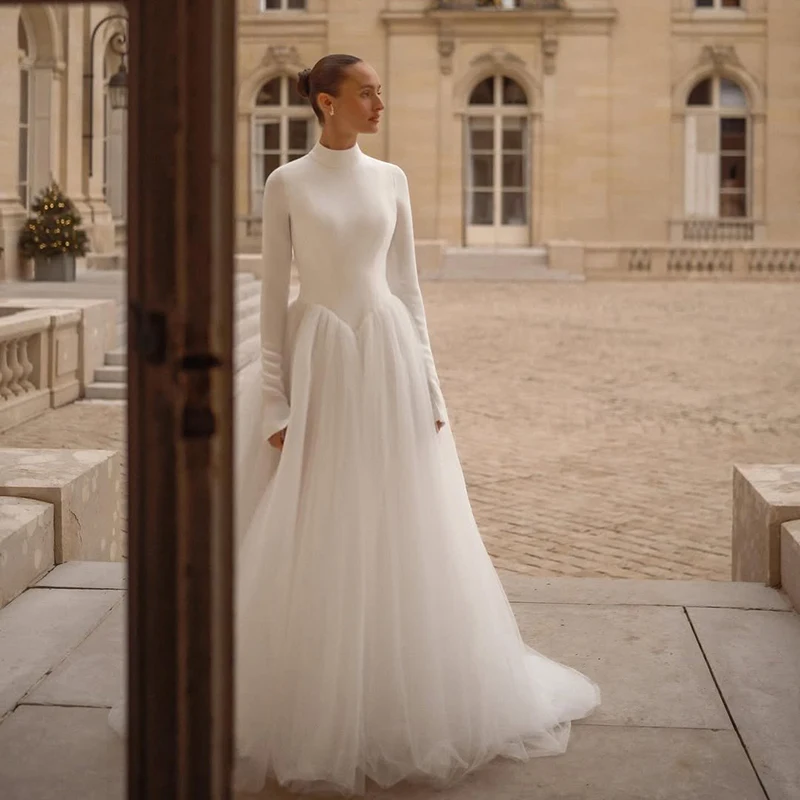 

Свадебные платья Eightree White Princess A-Line с высоким воротом и длинными рукавами из тюля, бальные платья для свадьбы 2026, индивидуальный пошив