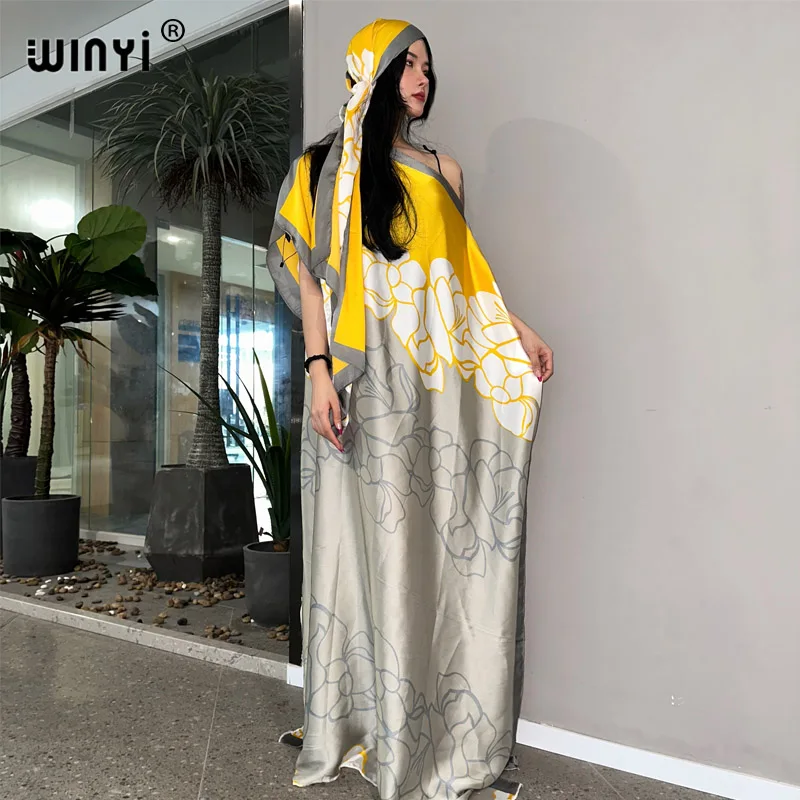 WINYI New Style Silk loose African Women Clothing Dubai Muslim Dashiki kaftan fashion Print Design With Scarf Loose beach dress