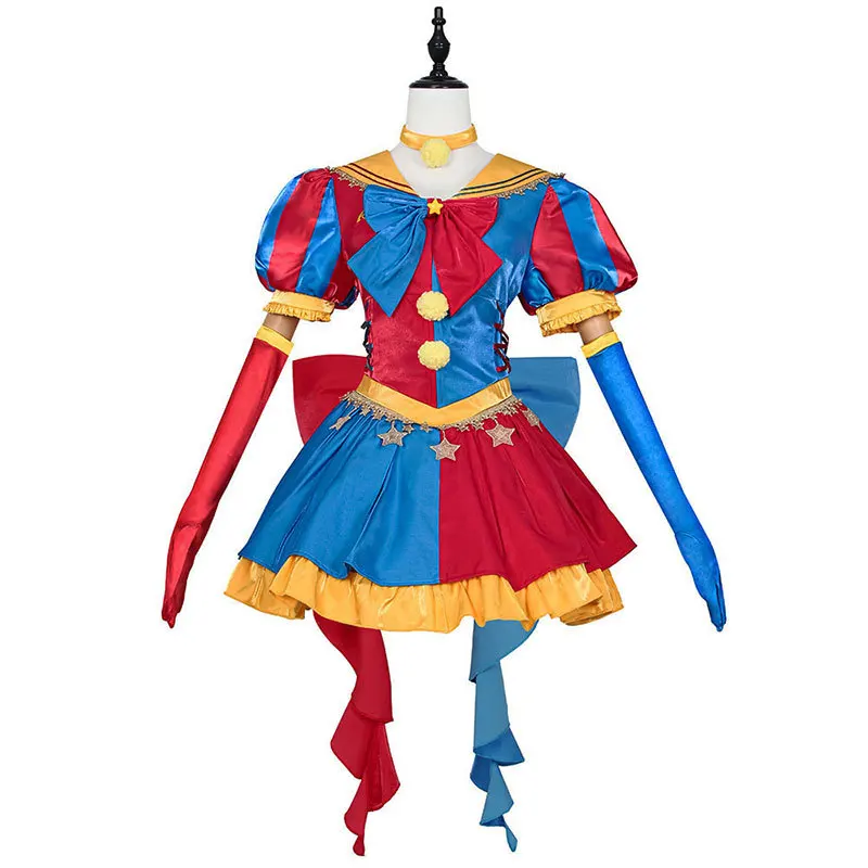 NIEUW Clown-cosplaykostuum voor volwassenen, nar-kostuum, blauw, rood, lolita-jurk en hoed met handschoenen, kerst- en halloween-feestpak - afbeelding 2