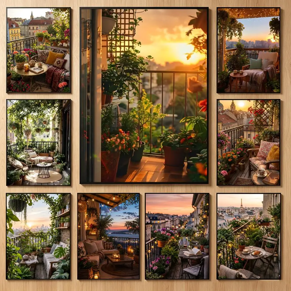 Refreshing Scenery Art B-Balcony Breeze Poster Classic Self-Adhesive PP Wall Sticker for Living Room Bar Decor Gift