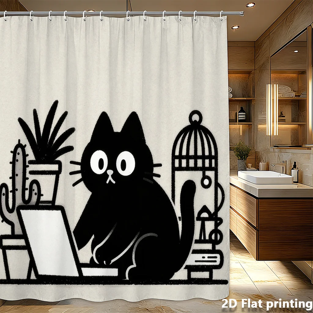 

Black Cat on Laptop Shower Curtain 2D Digital Print Polyester with Grommets for Bathroom 72x72 inch