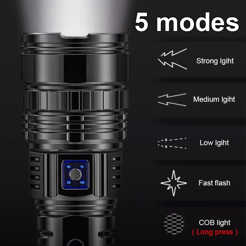 1000W Long Range Led Flashlight with Tail COB Type-C Rechargeable Torch Lantern Zoomable Outdoor Waterproof Lamp 5000mah Battery