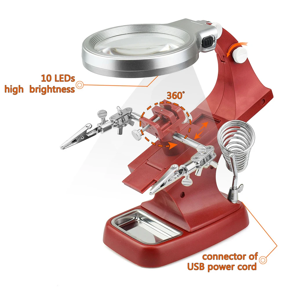 Magnifier Auxiliary Hand Soldering Led Illuminated Magnifying Glass Stand Alligator Clip Clamp Helping Desktop