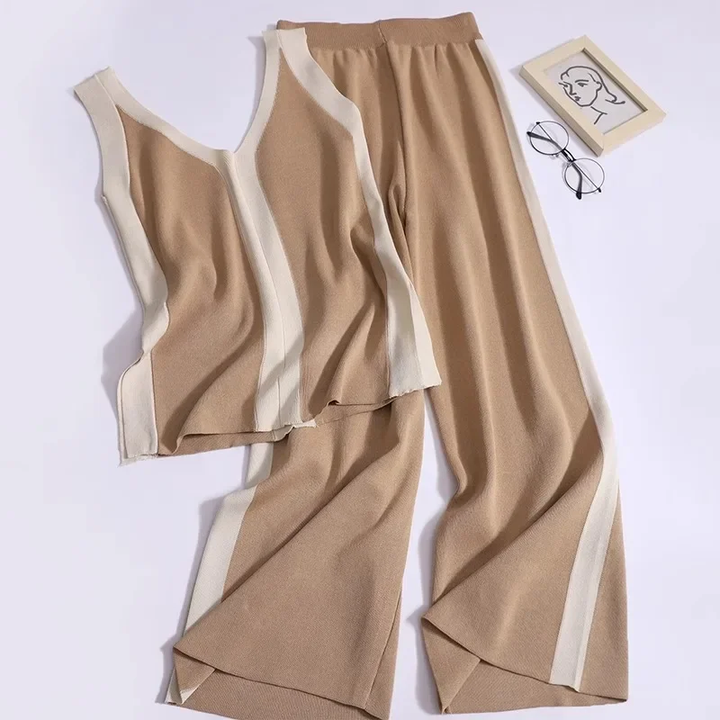 Fashion Sleeveless V-Neck Shirt Slim Split Knitted Sling Tops Contrast Color Wide-Leg Pants Women Summer Two-Piece Set Elegant