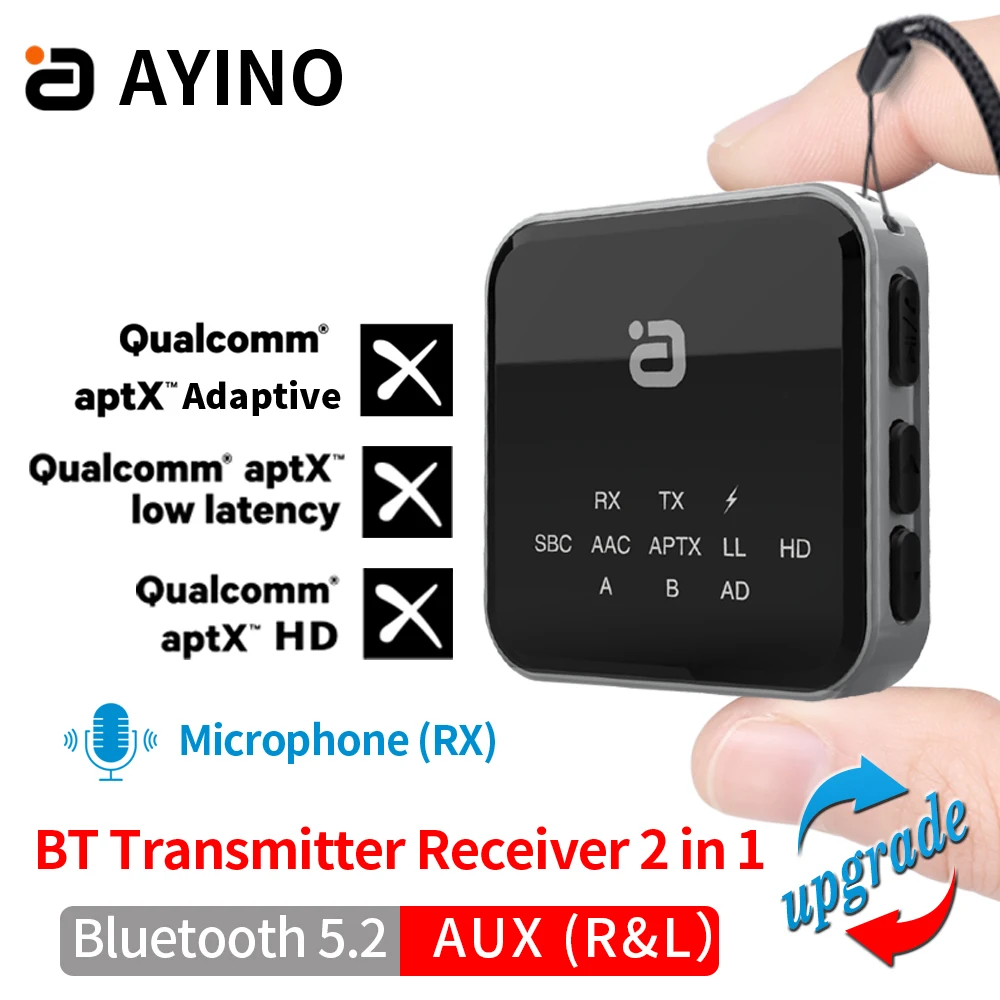 AYINO Min Bluetooth 5.2 Transmitter Receiver 2-In-1 aptX Adaptive Dual Mode 3.5mm Aux Wireless Audio Adapter for Car TV/Speakers