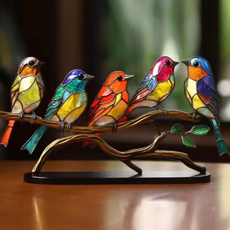 Metal Bird Statues Stained Glass Birds on Branch Desktop Ornaments Double Sided Colorful Humming Birds Decoration Desk Decor