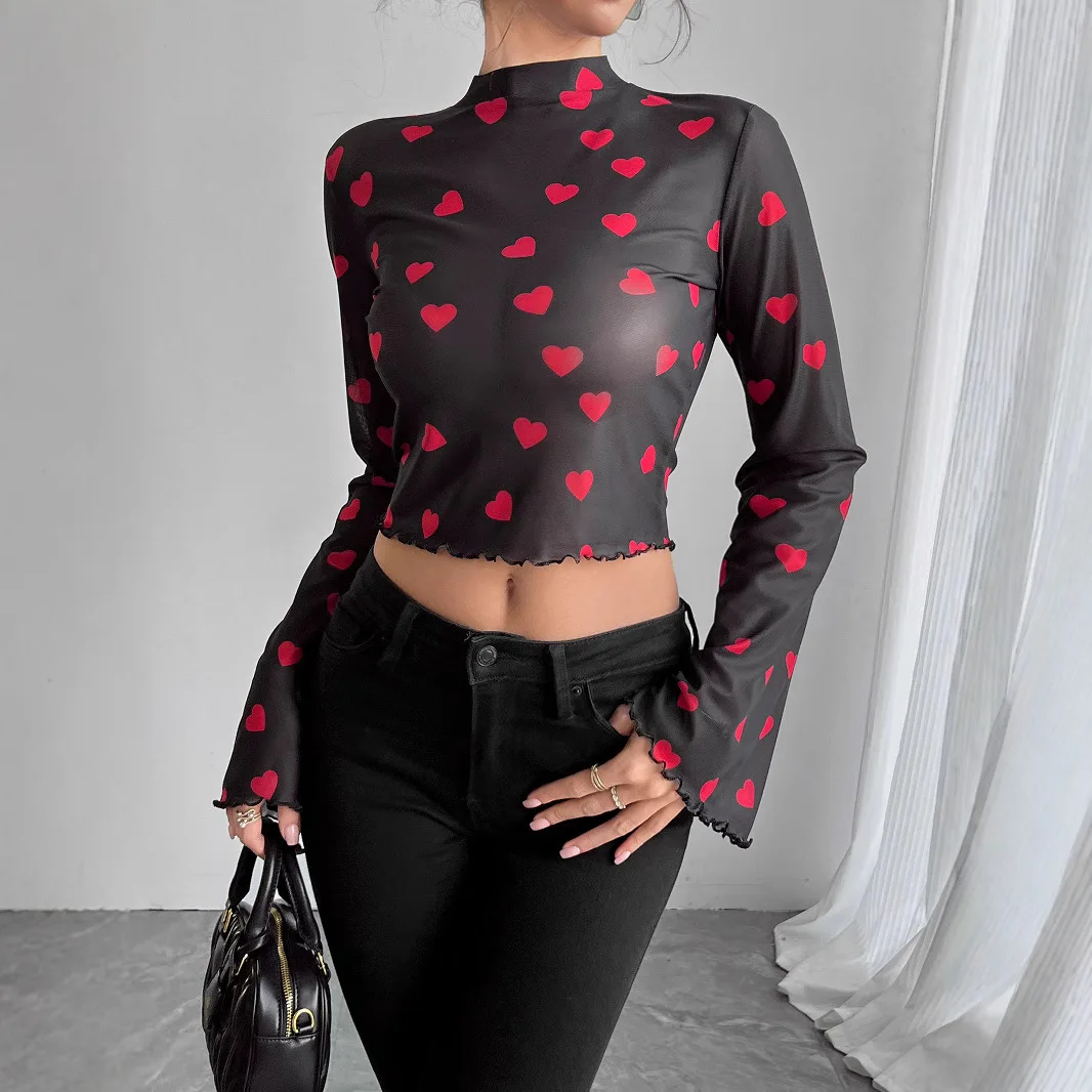 

Spring Summer Women's Thin Mesh T-shirt Flared Sleeve Short Pullover Trendy Printed Hot Girl Fashion Top High Street Tees
