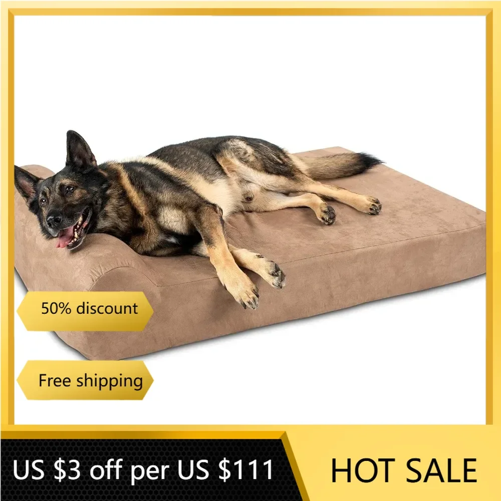 Orthopedic Dog Bed w/Headrest - 7” Dog Bed for Large Dogs w/Washable Microsuede Cover  Headrest, XL, Khaki freight free