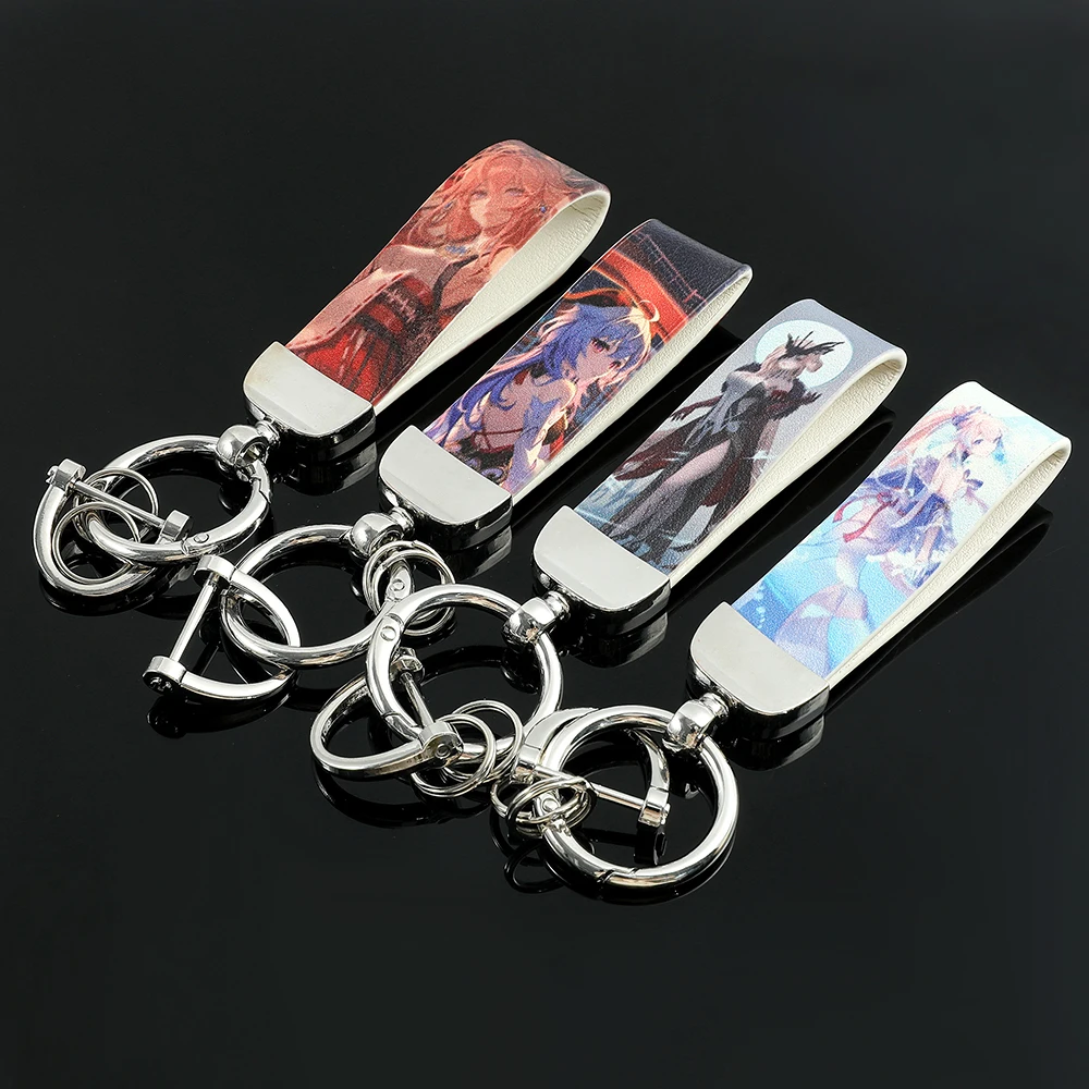 New Genshin Impact Leather Keychain Anime Figure Kaedehara Kazuha Ganyu Printing Leather Keyrings Backpack Ornament Key Holder