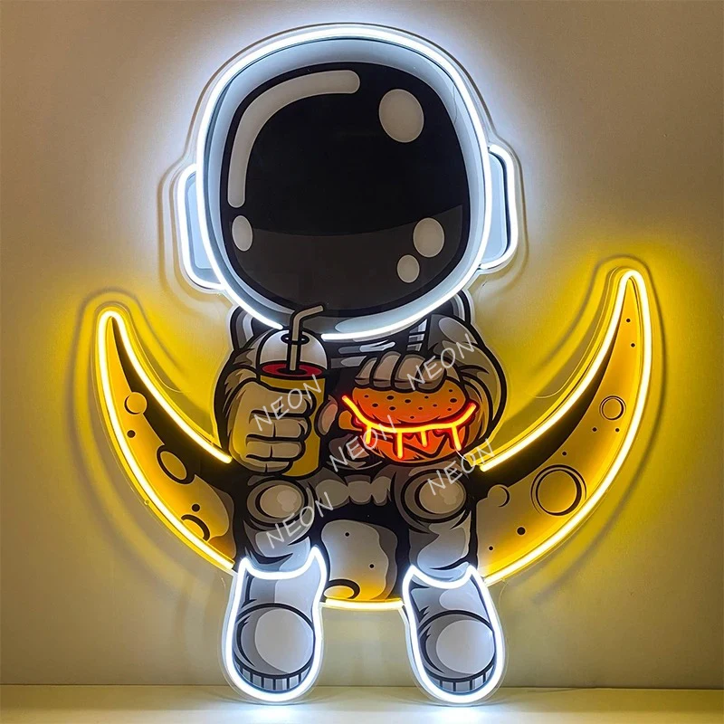 astronauta hamburger led neon acrilico arte impressao uv sinal para quarto decoracao de casa quarto de negocios personalizado 01