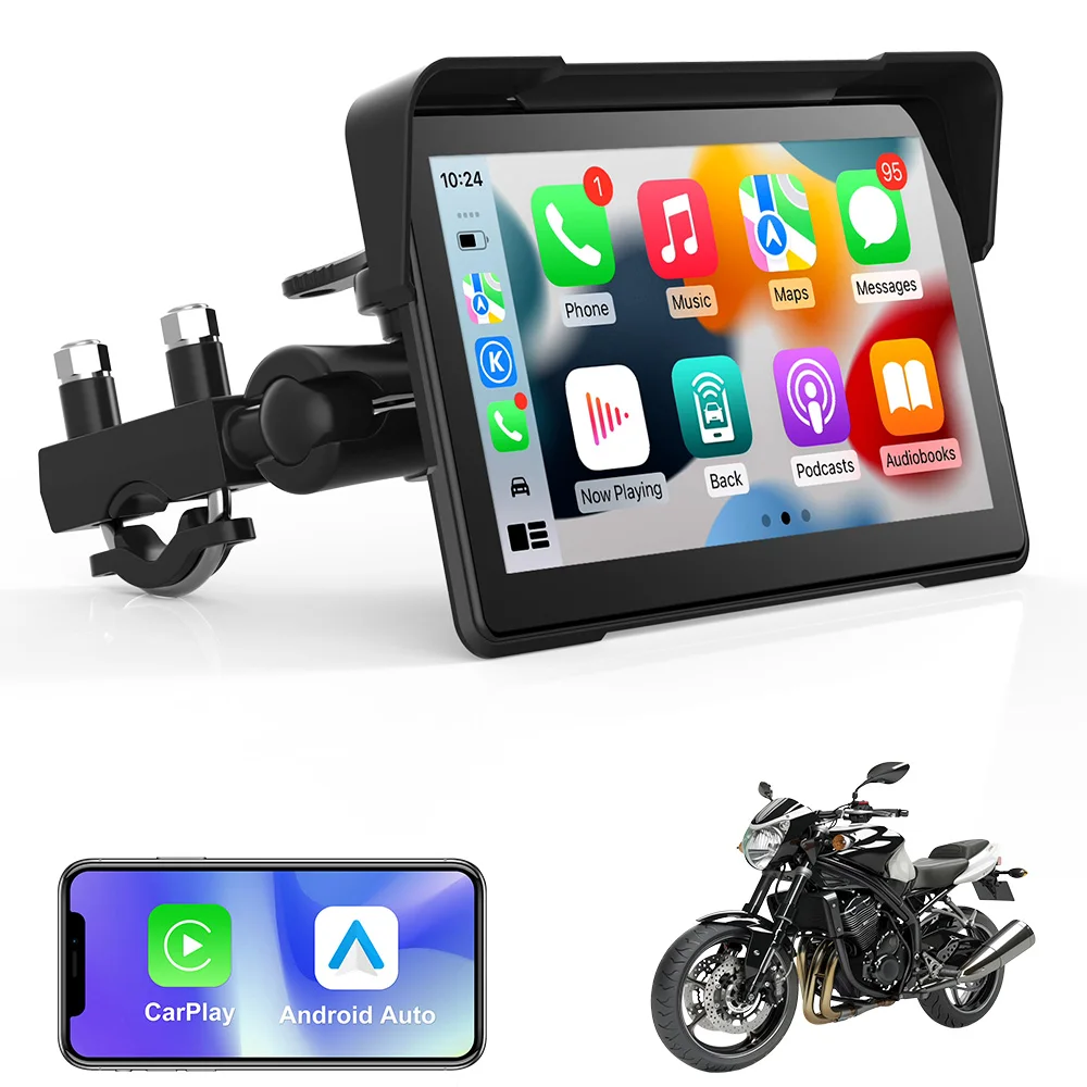 Wireless CarPlay and Android Auto for Motorcycle 7 Inch Carplay Dual Bluetooth Waterproof Portable Car Play GPS Navigation Siri