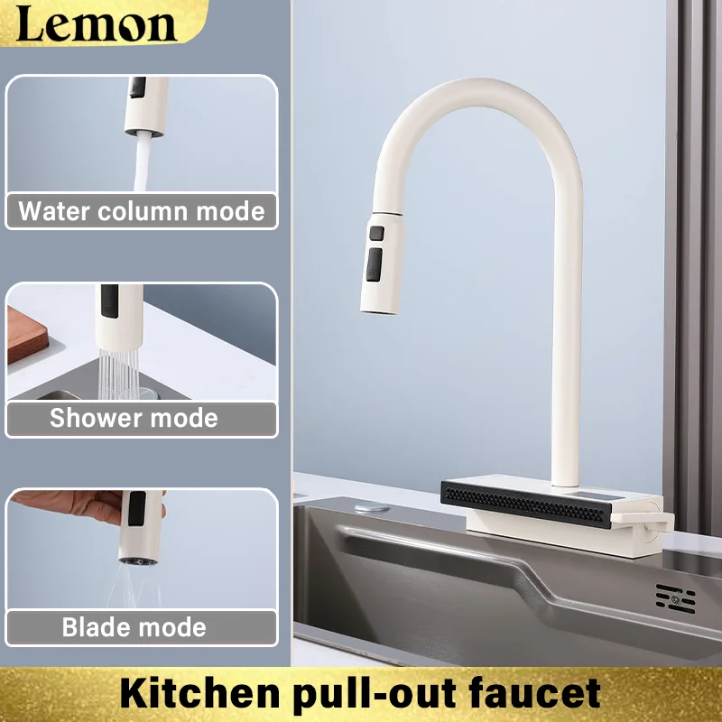 

CHOOXIWU- Milky white Белый кухонный смеситель, бытовой смеситель для раковины, выдвижной смеситель с одним отверстием, светодиодный цифровой дисплей, водопад дождя, смеситель для горячей и холодной воды