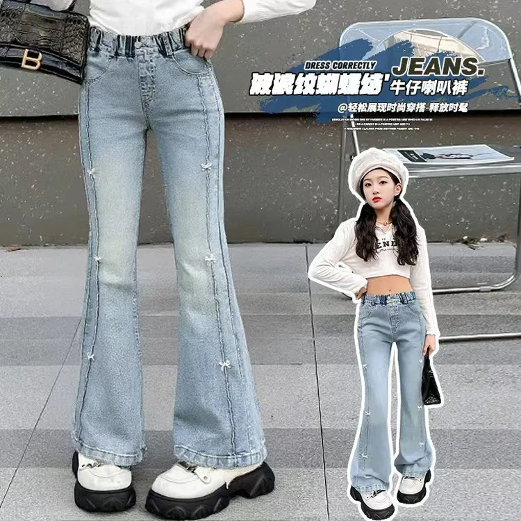 2026 spring autumn Teenager Girls Jeans Children bow striped denim tight Pants 5 6 7 8 9 10 11 12 13 14 Years Baby Trousers Kids