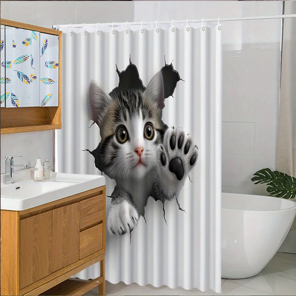 Whimsical Kitten Breaking Through Wall Shower Curtain - Realistic Cartoon Cat with Fluffy Fur & Expressive Eyes